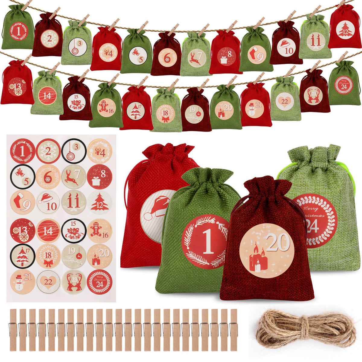 Christmas Advent Calendar Bags 2024, 24 Days Advent Calendar Bags to Fill Yourself, DIY Christmas Countdown Calendar Burlap Bag with Drawstring, Advent Numbers Stickers, Clips for Xmas Decorations
