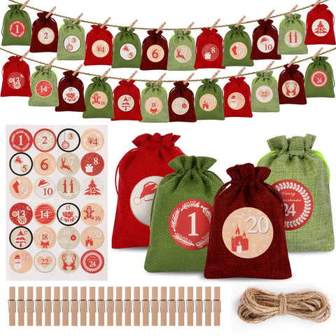 Christmas Advent Calendar Bags 2024, 24 Days Advent Calendar Bags to Fill Yourself, DIY Christmas Countdown Calendar Burlap Bag with Drawstring, Advent Numbers Stickers, Clips for Xmas Decorations