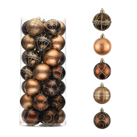 Valery Madelyn Christmas Ornaments Set for Valentines, 35ct 2.36 Inches Brown Copper Gold Shatterproof Christmas Tree Decorations, Luxury Hanging Ball Ornaments Bulk for Xmas Holiday Decor