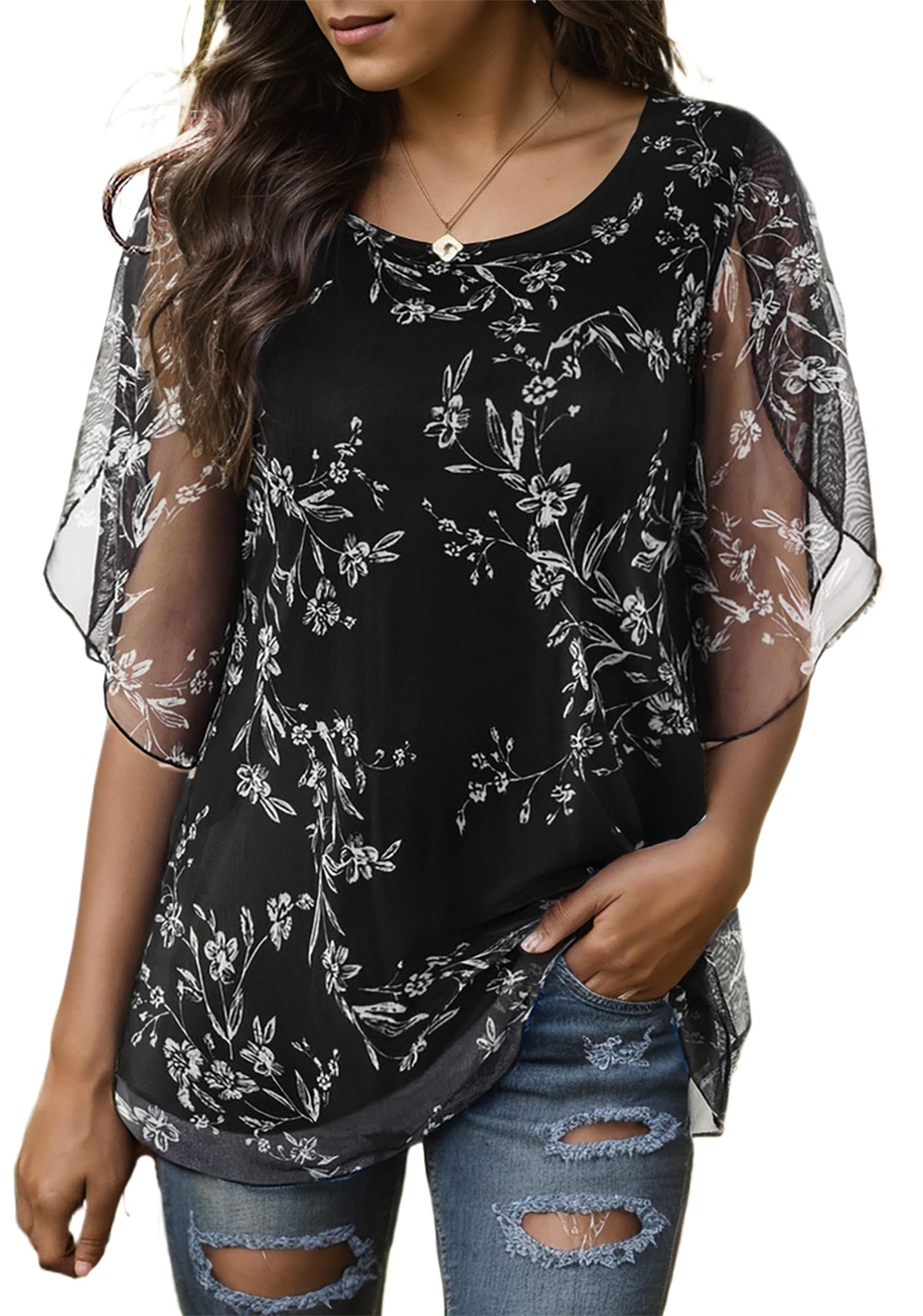 Oyamiki Women's Scoop Neck Ruffle 3/4 Sleeve Tunic Tops Loose Flowy Stretch Mesh Blouses
