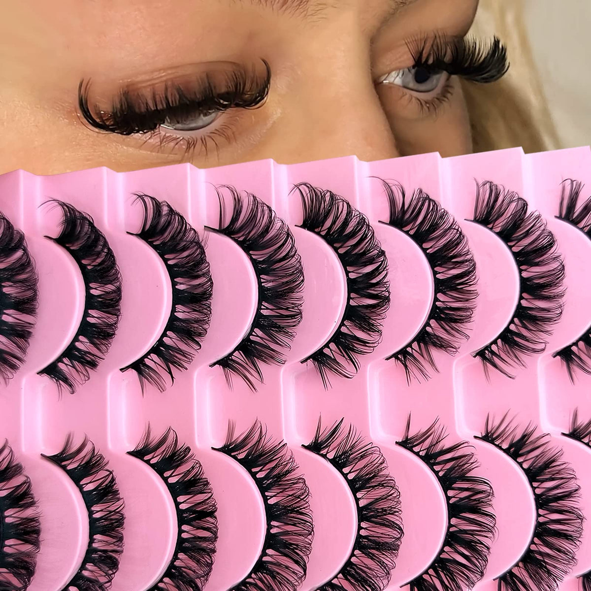 10 Pairs Russian Strip D Curl Lashes 15mm Fake Faux Mink Lashes that Look Like Extensions Curly Volume Cat-Eye Lashes Wispy Flu-ffy Eyelashes(10P-D-S016)