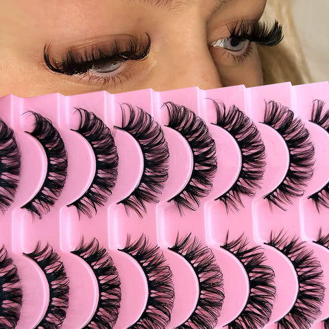 10 Pairs Russian Strip D Curl Lashes 15mm Fake Faux Mink Lashes that Look Like Extensions Curly Volume Cat-Eye Lashes Wispy Flu-ffy Eyelashes(10P-D-S016)