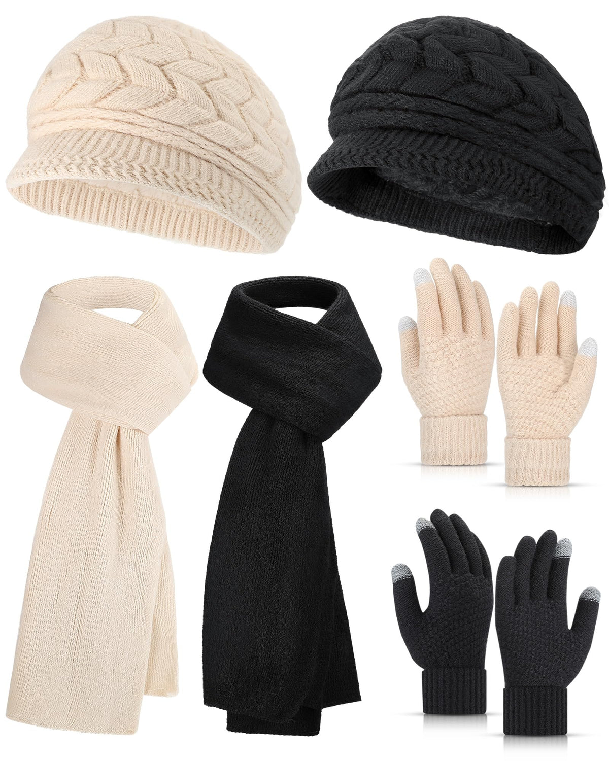 6 Pcs Winter Hat Gloves Scarf Set for Women Warm Knitted Beanie Hat Mittens Scarves Slouchy Visor Hats Scarf Gloves (Black, Beige)