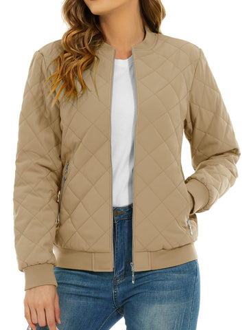TACVASEN Casual Jacket for Women Diamond Quilted Jacket Work Bomber Jacket Breathable Hiking Jacket Winter Outerwear Coat,Khaki,L