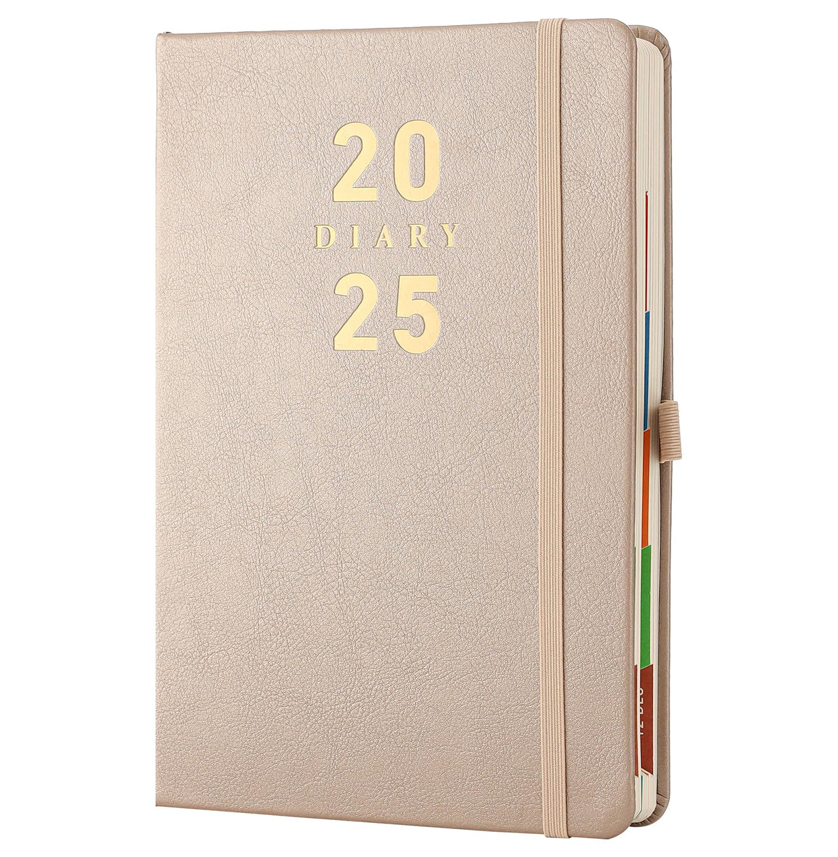 Mljtoyo Diary 2025 Day per Page,Jan-Dec Diary,2025 Diary Day to a Page,Productivity Agenda Daily &Monthly Planner with Coloure Monthly Tabs,Pen Holder,Elastic Bound,Back Pocket,Gold