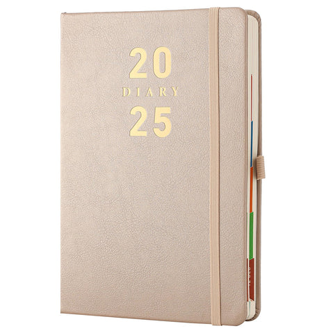 Mljtoyo Diary 2025 Day per Page,Jan-Dec Diary,2025 Diary Day to a Page,Productivity Agenda Daily &Monthly Planner with Coloure Monthly Tabs,Pen Holder,Elastic Bound,Back Pocket,Gold