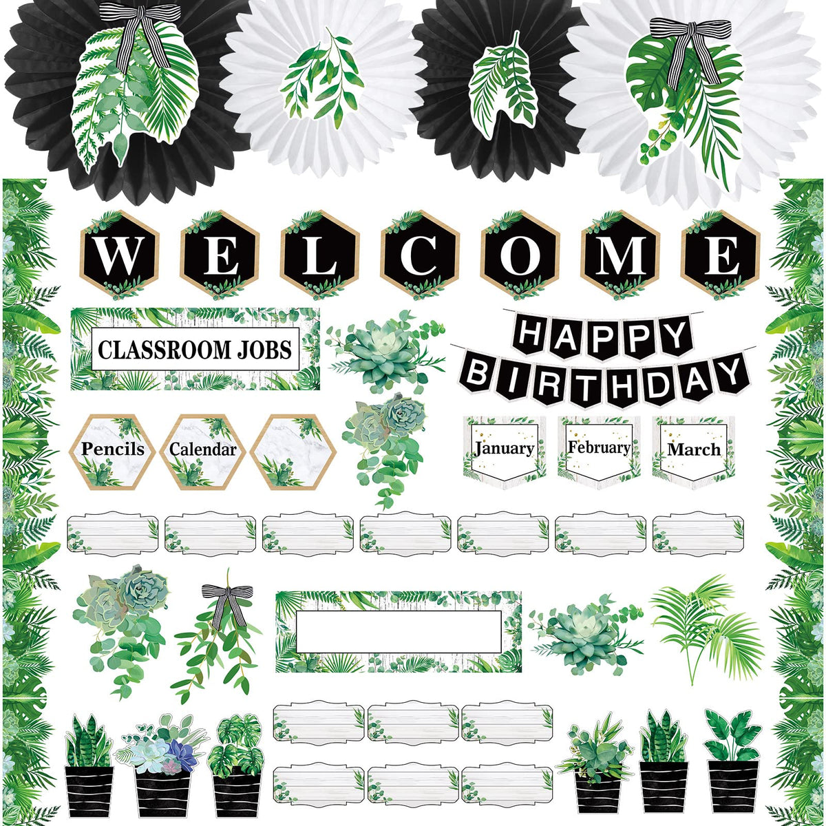 Kosiz 221 Pcs Classroom Decorations Bulletin Board Decor Set Included Classroom Welcome Banner Happy Birthday Chart Classroom Jobs Poster for Elementary Middle School Class Decorations (Boho Plant)