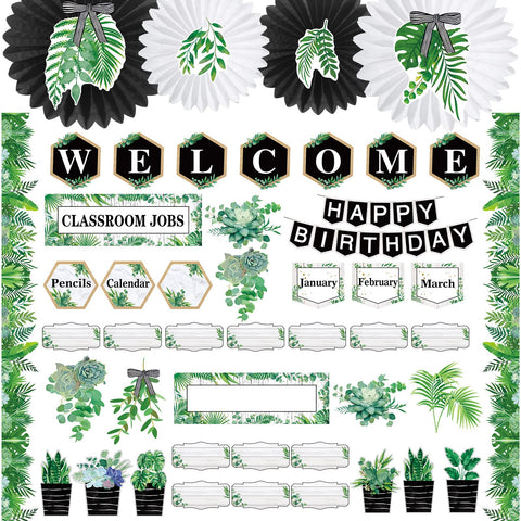 Kosiz 221 Pcs Classroom Decorations Bulletin Board Decor Set Included Classroom Welcome Banner Happy Birthday Chart Classroom Jobs Poster for Elementary Middle School Class Decorations (Boho Plant)