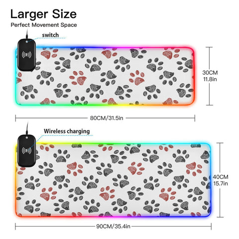 Doodle Paw Wireless Charging Mouse Pad for Mobile Phone Extra Large Gaming Mousepad with 13 Lighting Modes Extended Desk Mat for Office Home Gaming MacBook PC Laptop Desk