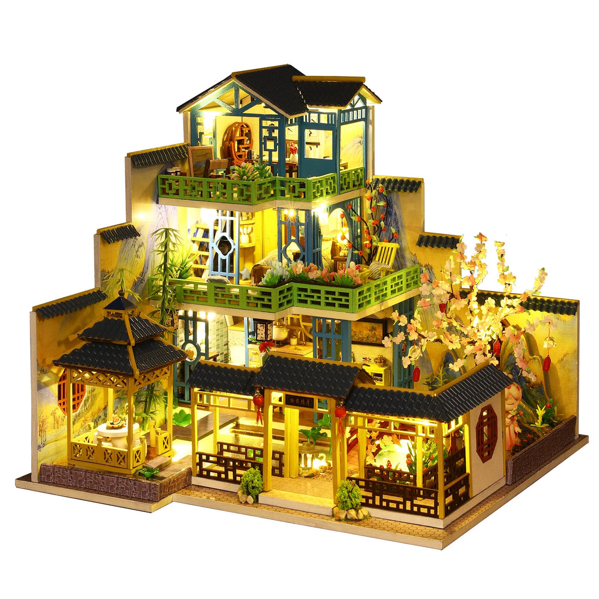 Spilay DIY Miniature Dollhouse Kit with Wooden Furniture,DIY Dollhouse Kit with Dust Proof Cover, Music Box and LED,1:24 Scale Creative Gift for Women Girl Friend Lover (Fuchun Resort) P013