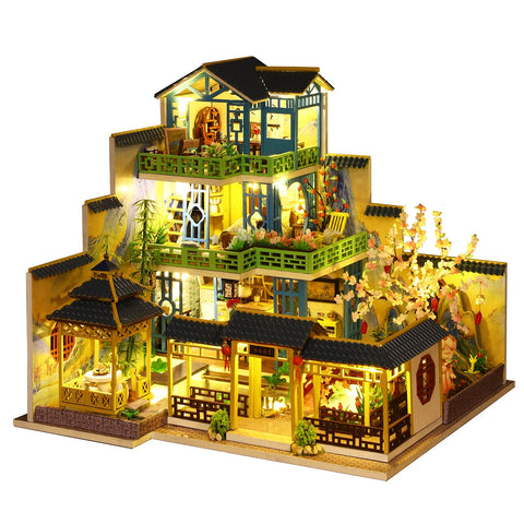 Spilay DIY Miniature Dollhouse Kit with Wooden Furniture,DIY Dollhouse Kit with Dust Proof Cover, Music Box and LED,1:24 Scale Creative Gift for Women Girl Friend Lover (Fuchun Resort) P013