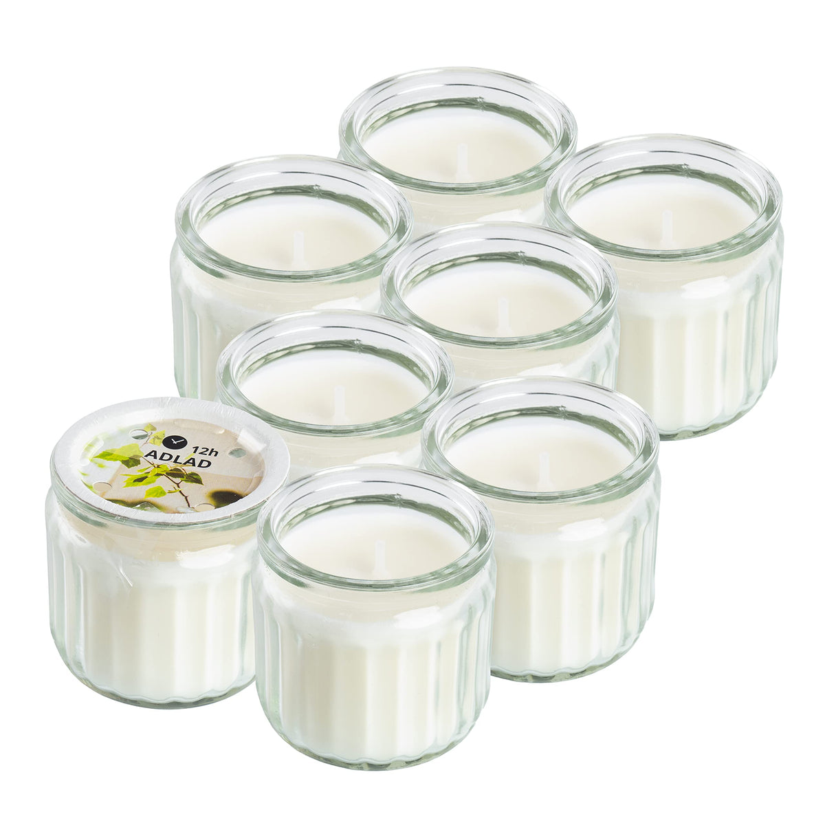 Ikea ADLAD White Mini Scented Candles in Glass Jars, Scandinavian Woods & Citrus, 12 Hours Each - Set of 8