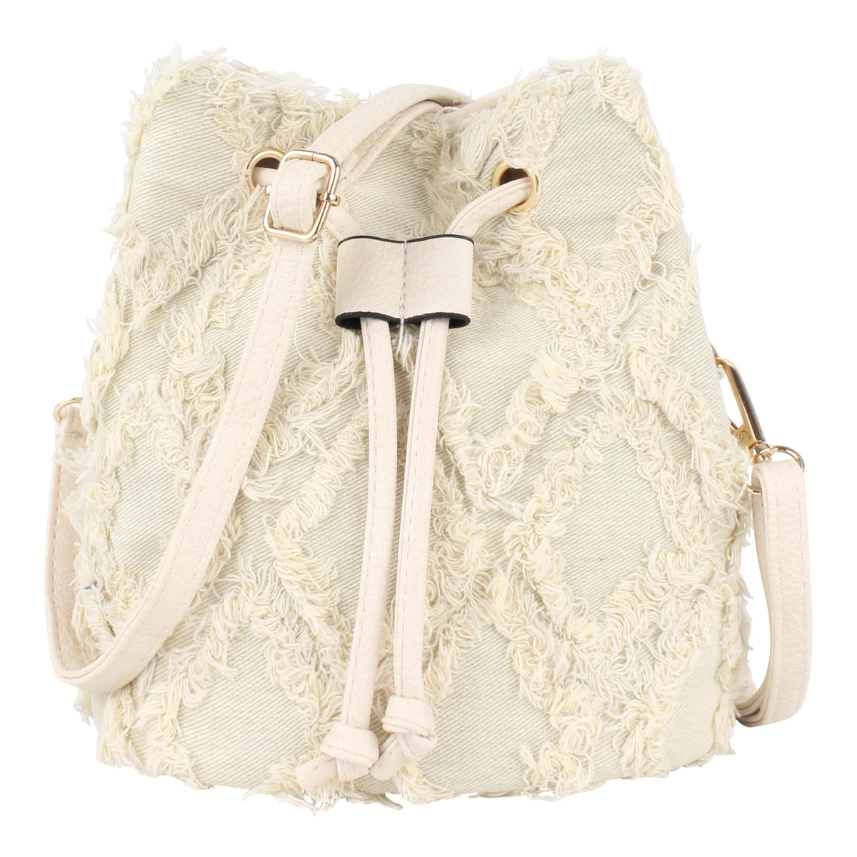 Hyuyikuwol Women Denim Mini Bucket Shoulder Crossbody Bag Drawstring Quilted Distressed Tassel Barrel Shape Satchel Purse, A-white