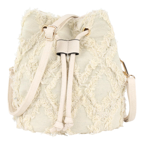 Hyuyikuwol Women Denim Mini Bucket Shoulder Crossbody Bag Drawstring Quilted Distressed Tassel Barrel Shape Satchel Purse, A-white