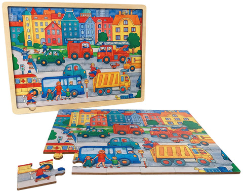 MoinKidz Wooden Puzzle for 3 Year Old with Picture Underneath, 24 Piece Puzzles for Kids Ages 3-5 Traffic Theme, Unique Shape Jigsaw Pieces Preschool Toddler Puzzles Ages 2-4 with Puzzle Tray