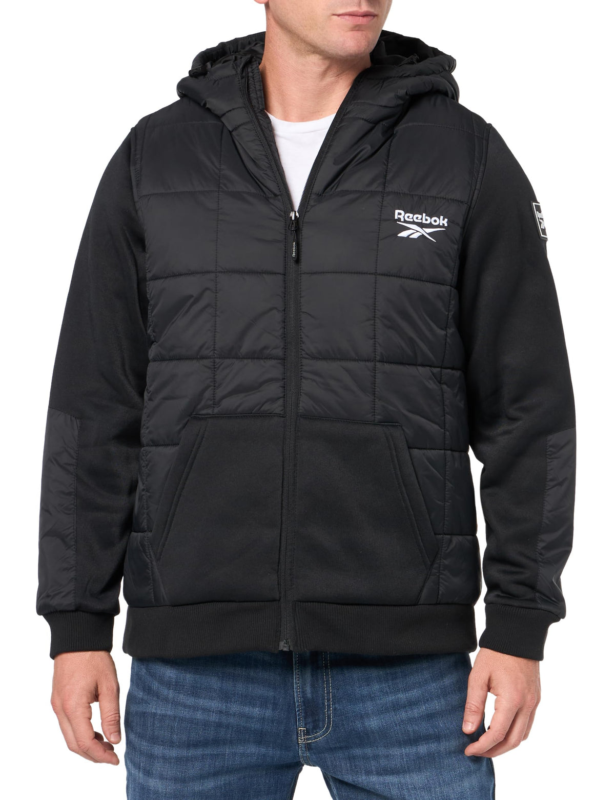 Reebok Men's Puffer with Tricot Sweater Sleeves Jacket, Black, XL