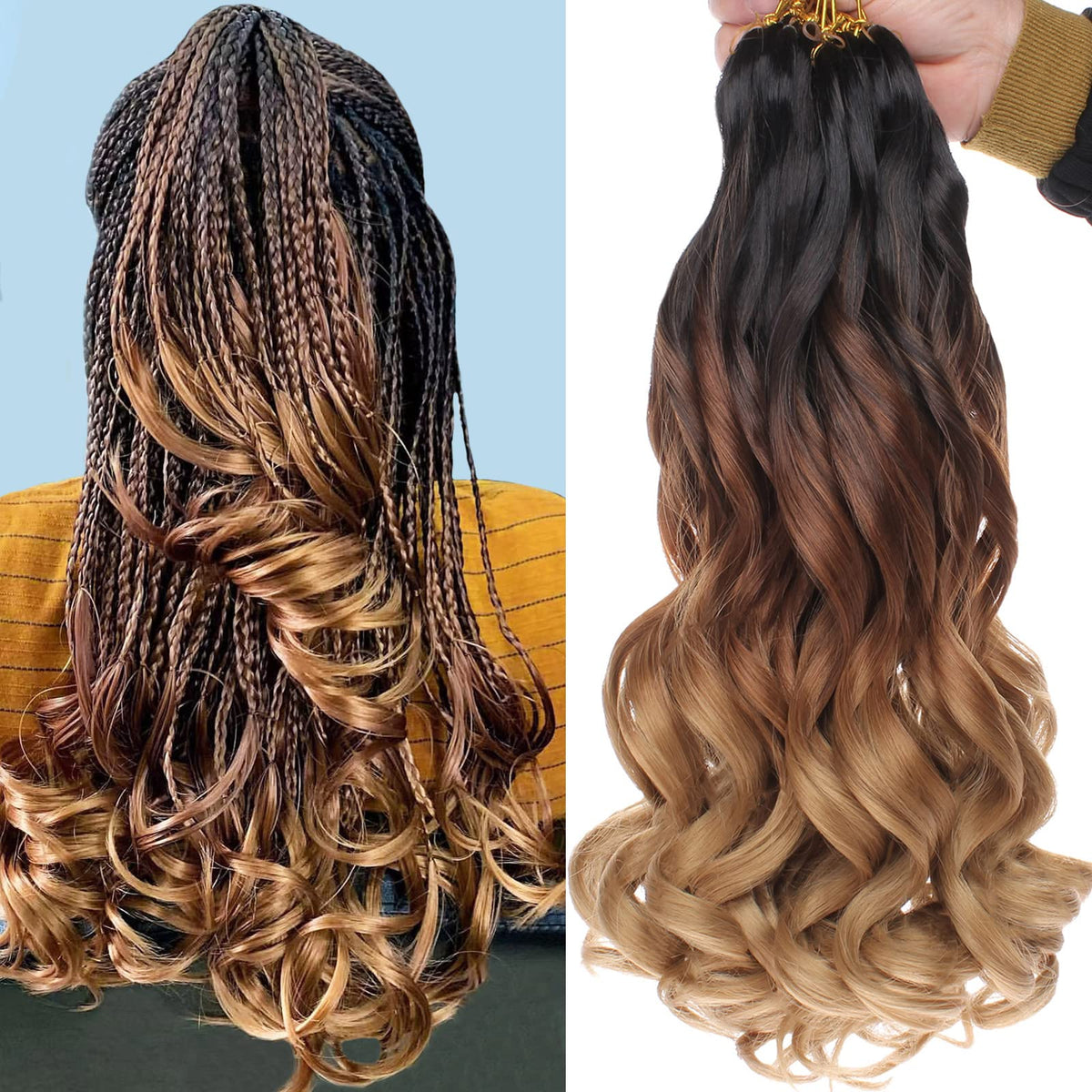COOKOO 9 Pack Pre Stretched French Curls Braiding Hair 10 Inch Ombre Brown to Blonde Goddess Box Braids with Curly Ends Loose Wavy Crochet Braids Hair Wavy Synthetic Braiding Hair Extensions 1B/30/27#