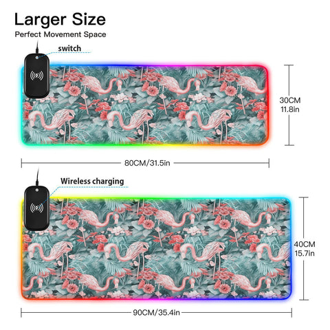 Flamingos Pink Flowers Wireless Charging Mouse Pad for Mobile Phone Extra Large Gaming Mousepad with 13 Lighting Modes Computer Mat for Gaming MacBook PC Laptop Desk Home Office