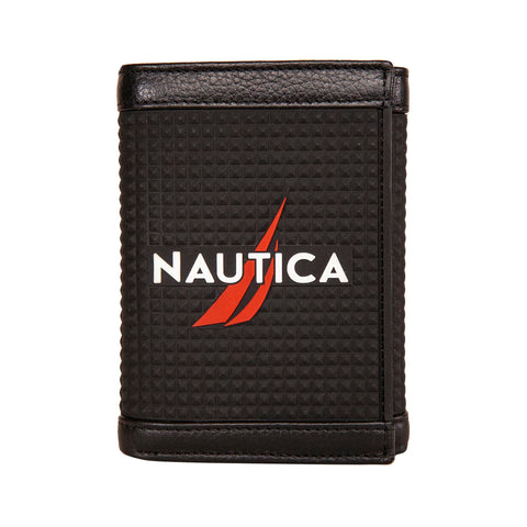 Nautica Men's Classic Trifold RFID Wallet (Available in Smooth or Pebble Grain), Rubber/Leather-Black, One Size