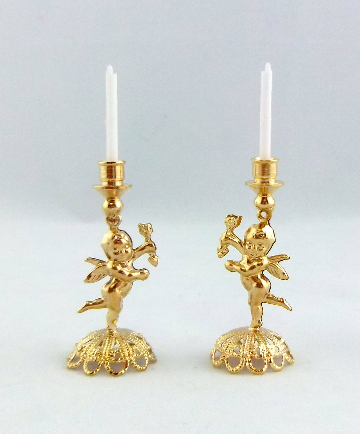 Wonham Dolls House Miniature Accessory Ornament Pair Brass Cherub Candlesticks Candles