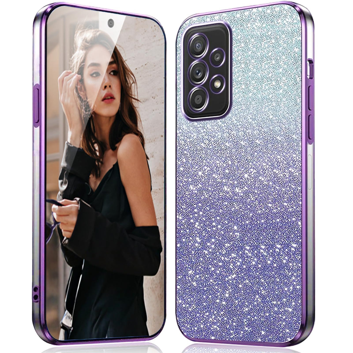 DESSEN Glitter Clear Phone Case for Samsung Galaxy A52 4G / A52 5G / A52s 5G - Transparent Silicone Cover Electroplated Frame + Glitter Card Design Bling Sparkly Shockproof Protective Bumper, Purple
