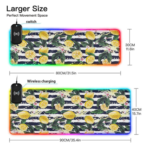 Flowers Leaves Lemon Wireless Charging Mouse Pad for Mobile Phone Extra Large Gaming Mousepad with 13 Lighting Modes Extended Desk Mat for Office Home Gaming MacBook PC Laptop Desk