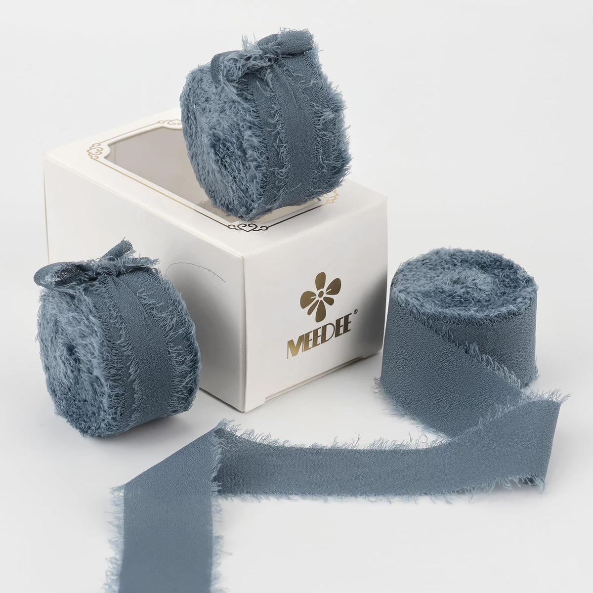 MEEDEE Dusty Blue Chiffon Ribbon 1 Inch Fringe Ribbon Slate Blue Chiffon Silk Ribbon Frayed Edge Ribbon Thin Chiffon Ribbons for Crafts, Gift Wrapping, Wedding Invitation (3 Rolls 21 Yards)