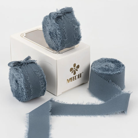 MEEDEE Dusty Blue Chiffon Ribbon 1 Inch Fringe Ribbon Slate Blue Chiffon Silk Ribbon Frayed Edge Ribbon Thin Chiffon Ribbons for Crafts, Gift Wrapping, Wedding Invitation (3 Rolls 21 Yards)