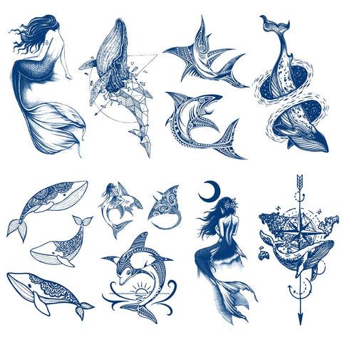 Kotbs 8 Sheets Semi Permanent Mermaid Whale Shark Tattoos, 100% Plant-Based Ink Infinity Premium Fake Tattoo Stickers, 1-2 Weeks Long Last Waterproof Tattoos for Adults Men Women Girls Kids