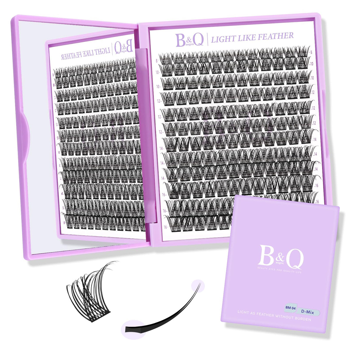 Lash Clusters Natural Flat Cluster Lashes 144 PCS B&Q Eyelash Clusters Zero-Touch 8-16mm Mixed D Curl Cluster Eyelash Extensions Double Tips Soft Lightweight Reusable Individual Lashes (BM04-D-8-16)