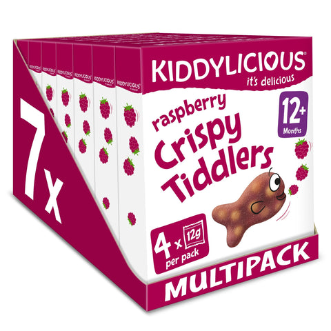 Kiddylicious Raspberry Crispy Tiddlers - Delicious Real Fruit Treat for Kids - Suitable for 12+ Months - 7 Packs of 4 (28 Total)