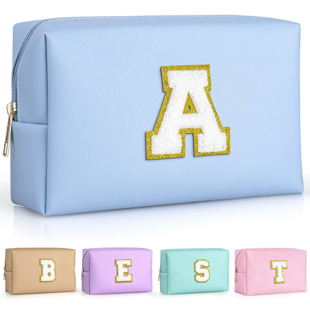 TOPEAST Christmas Gifts Stocking Stuffers for Women, Personalized Initial Makeup Pouch Leather Waterproof Cosmetic Bag Christmas Birthday Gifts for Women (Sky Blue A)