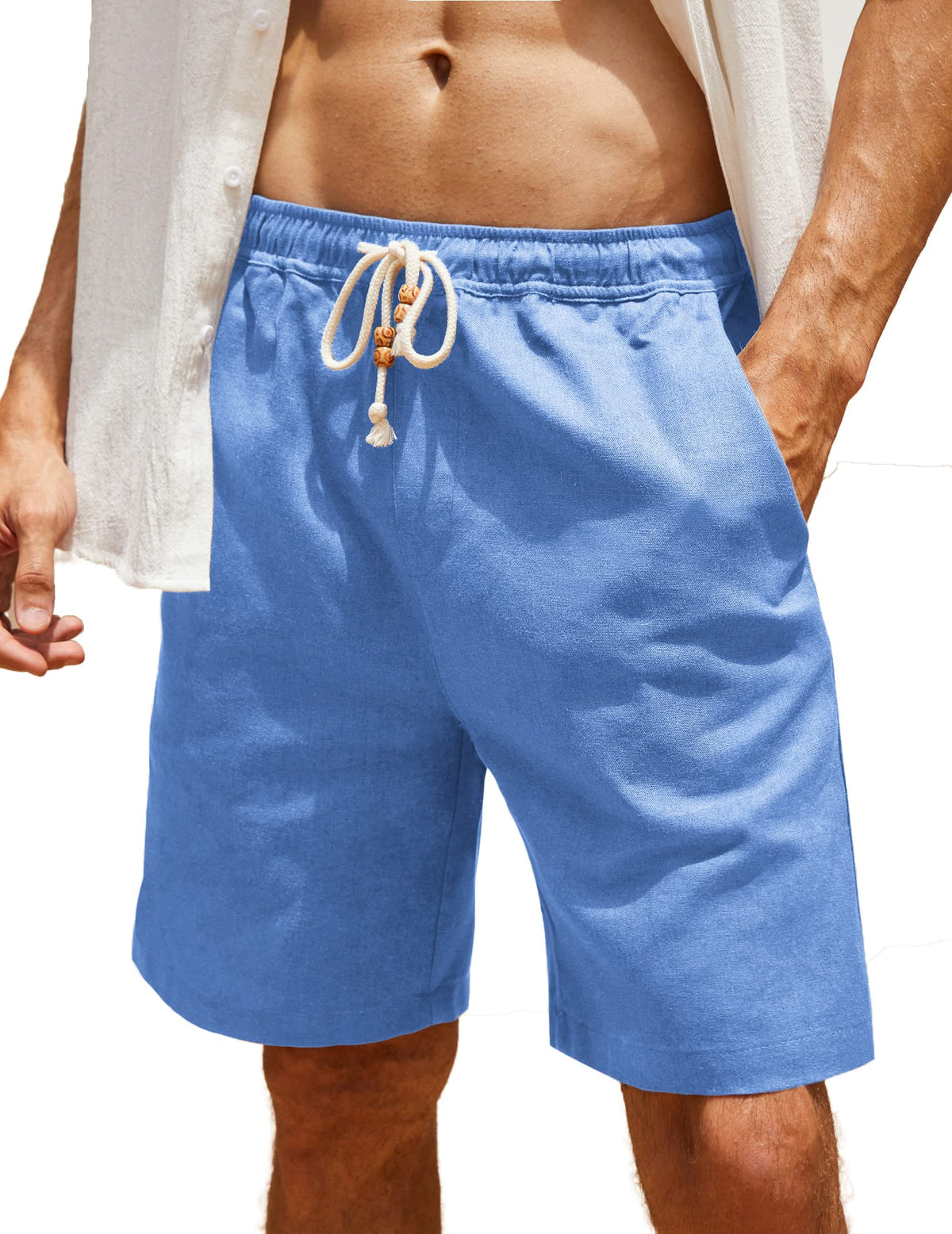 COOFANDY Men's Linen Flat Front Shorts Casual Lightweight Elastic Waist Shorts Denim Blue
