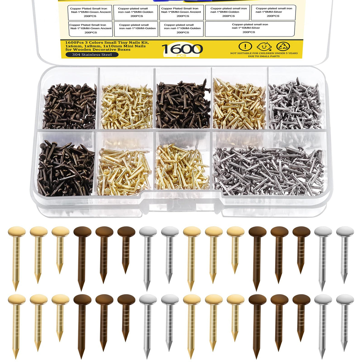 Mardatt 1600Pcs 3 Sizes Small Tiny Nails Assortment Kit, 1x6mm, 1x8mm 1x10mm Tiny Wooden Nails Hardware Tiny Nails Assorted Wall Nails Set for Pictures Hanging Woodworking Gold Bronze Silver