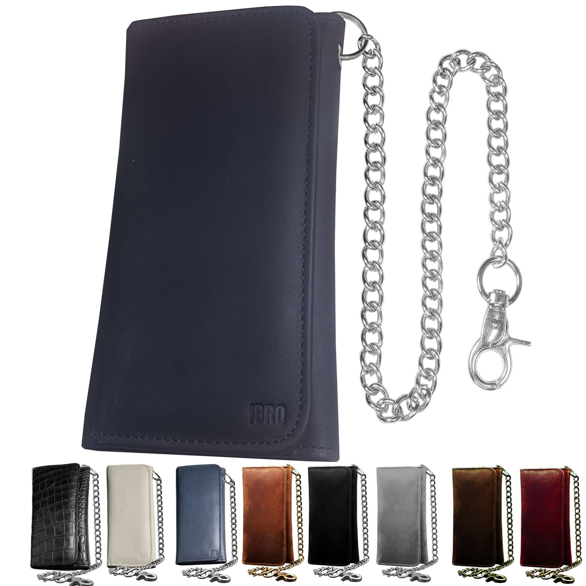 IBRO Motorcycle Chain Wallet for Men - 100% Natural Genuine Leather, Long Trifold RFID Blocking, Credit Card Money Organizer - MenÃ¢â‚¬â„¢s Trucker Biker Metal Chain Wallets Matte Black