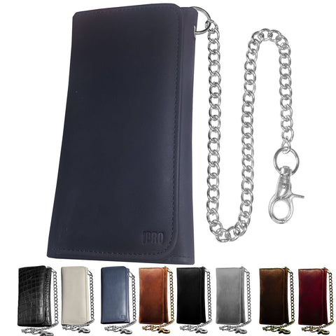 IBRO Motorcycle Chain Wallet for Men - 100% Natural Genuine Leather, Long Trifold RFID Blocking, Credit Card Money Organizer - MenÃ¢â‚¬â„¢s Trucker Biker Metal Chain Wallets Matte Black