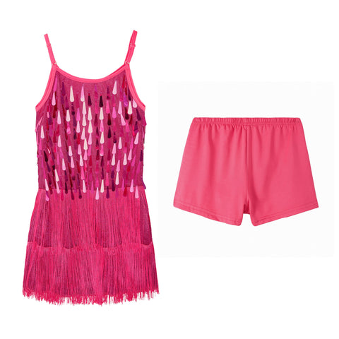 LOLANTA Girls Sequin Fringe Dance Costume, Kids Salsa Rumba Latin Dancing Clothes Set, Sparkling Sleeveless Tassel Dance Mini Dress with Shorts, Pink, 8-9 Years, 140