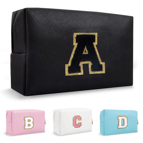 Biileen Personalized Initial Preppy Makeup Bag Small Cute Travel Chenille Letter Pouch, Black, A, Fashion