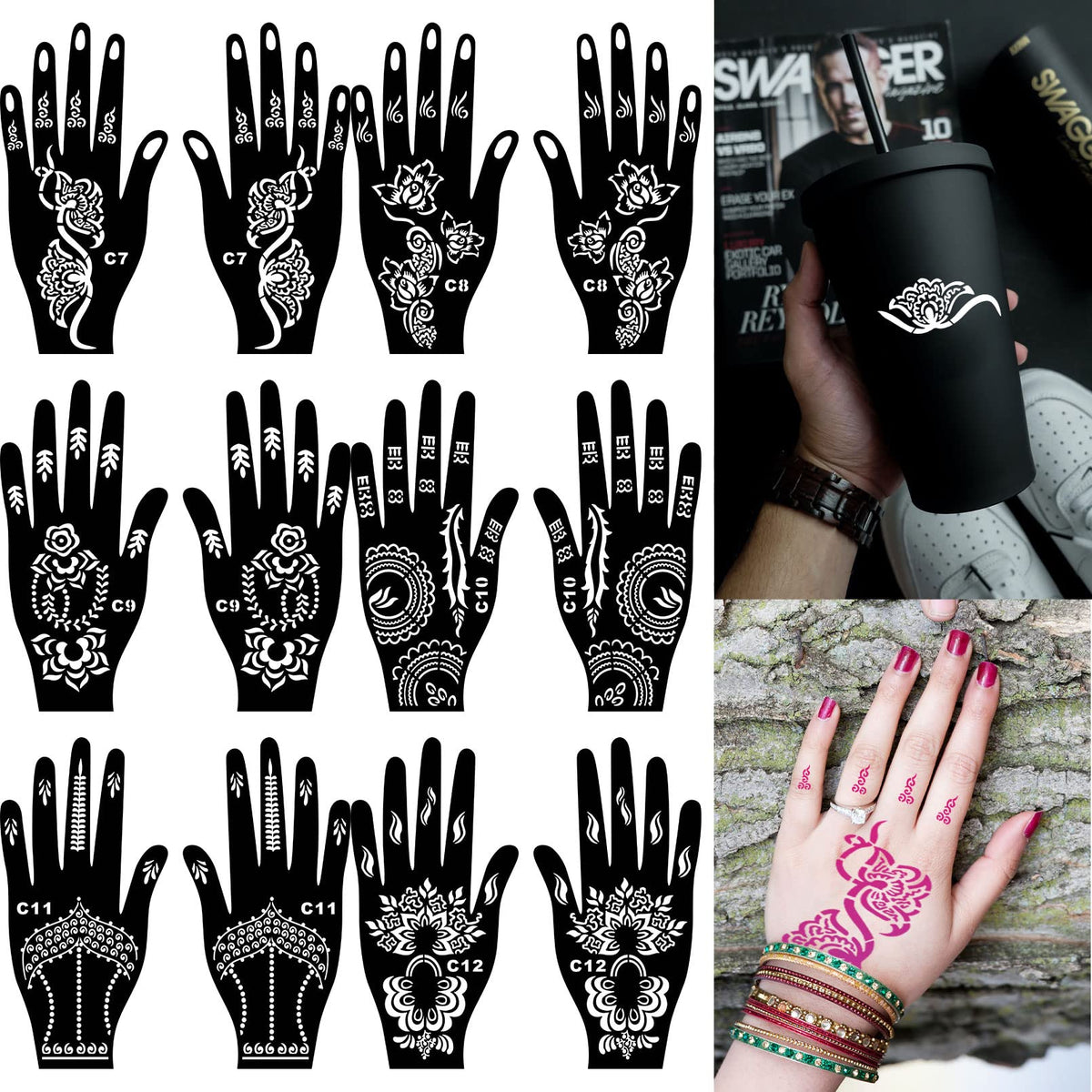 Henna Tattoo Stencils kit,Reusable Henna Stencils for Hand Forearm Glitter Airbrush DIY Tattooing Template, Indian Temporary Tattoo Stickers for Women