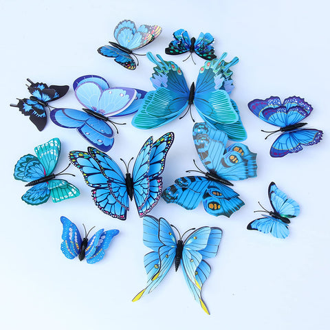3D Butterfly Wall Decor, 12pcs Double Wings Butterfly Decor,Blue Butterfly Decoration for Room Butterfly Stickers Butterfly Party Decorations Nursery Wall Decals (Blue)