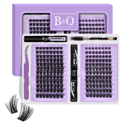 B&Q Lash Extension Kit for Beginners 192 pcs Eyelash Extension Kit B19+B28 8-18mm Mixed Lash Clusters Kit Individual Lashes Kit Wispy with Lash Glue and Remover Applications Eyelash Kit (B19+B28, Kit)