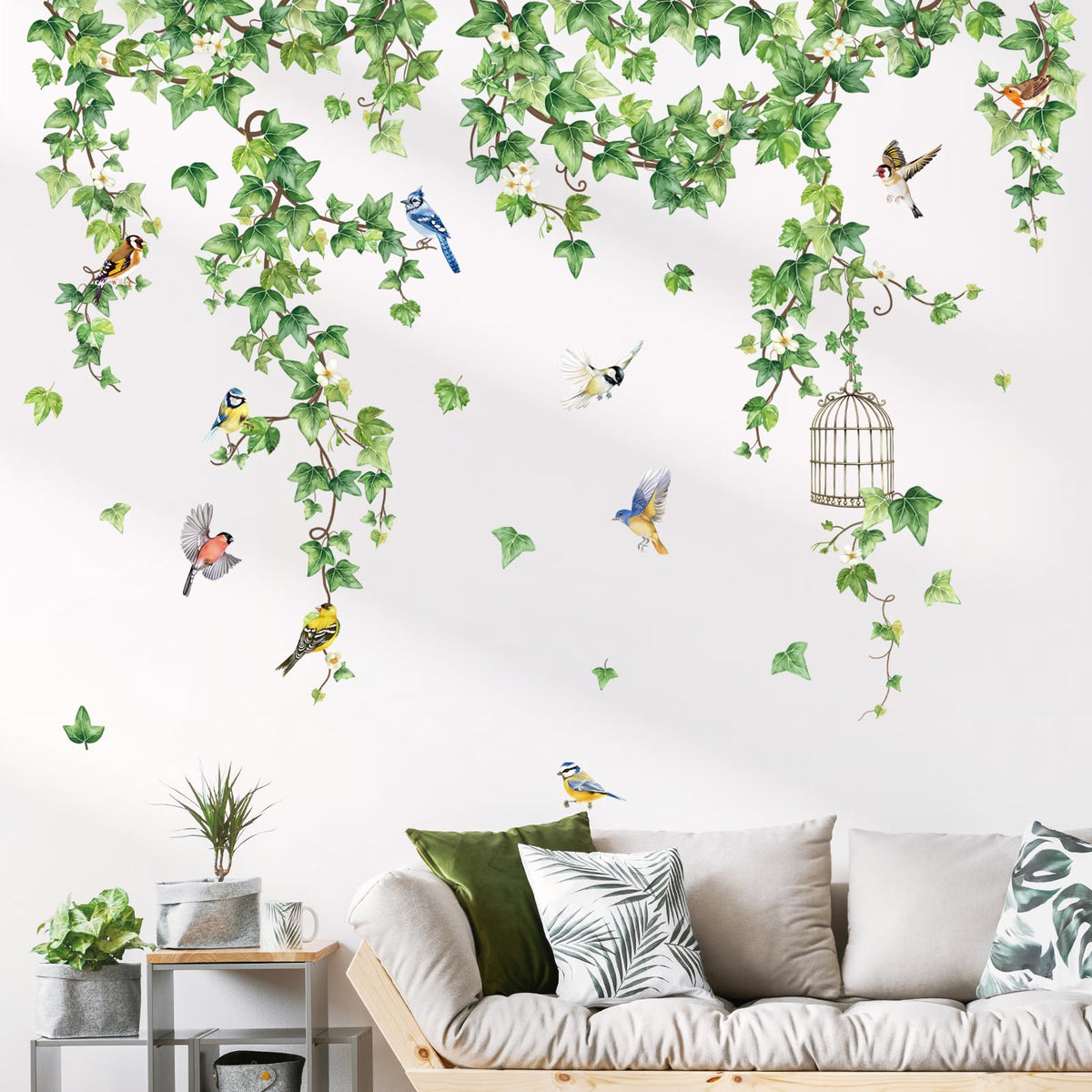 decalmile Spring Hanging Vine Wall Stickers Birds Green Plants Leaves Wall Decals Living Room Bedroom TV Background Wall Decor