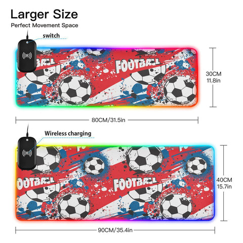 Football Ball France Flag Wireless Charging Mouse Pad for Mobile Phone Extra Large Gaming Mousepad with 13 Lighting Modes Mouse Mat for Office Home Gaming MacBook PC Laptop Desk