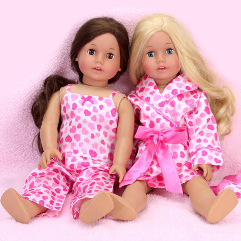 Sophia's 18" Doll 3 pc. Satin Heart Print Pajama Tank Top, Bottoms, Robe and Slippers