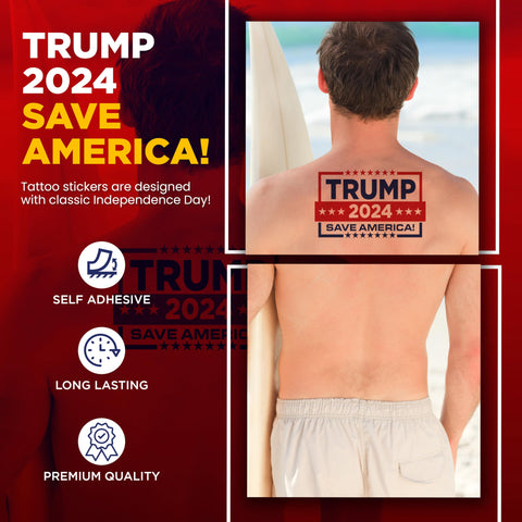 (4 Pack) "Trump 2024 Save America" Back Temporary Tattoo for Men & Women - Skin Decal Sticker Support Trump 2024