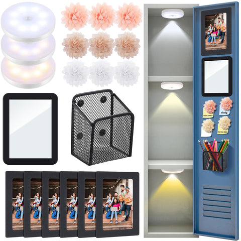 CraftyDream 35 Pcs Locker Accessories Set Back to School Essentials Locker Organizer Supplies Includes Magnetic Photo Frame Mini Magnet Flower Magnetic Locker Light Magnetic Mirror Magnetic Pen Holder