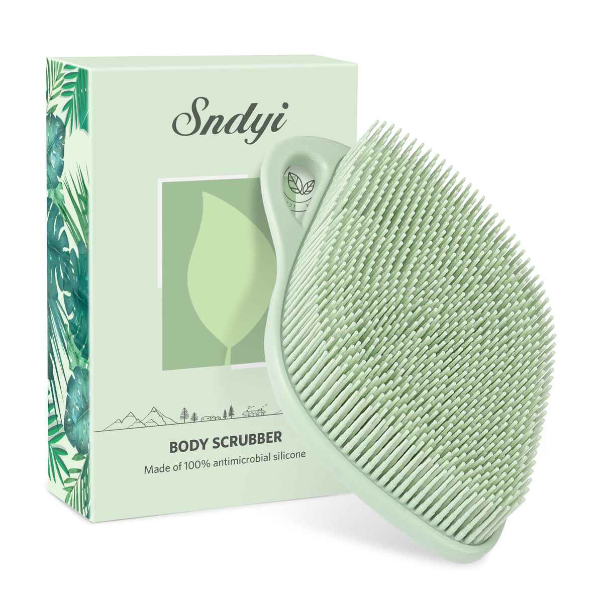 Sndyi Silicone Body Scrubber, Gentle Exfoliating Body Scrubber for Sensitive Skin, Leaf Shaped Silicone Shower Scrubber for Body with Lathering Bristles, Silicone Loofah Body Brush, Green