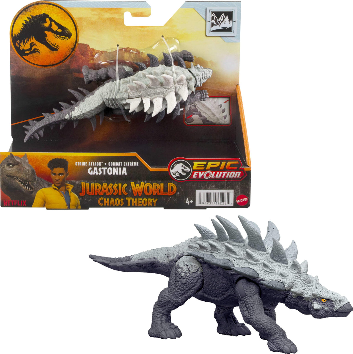 Mattel Jurassic World Strike Attack Gastonia Dinosaur Action Figure Toy with Single Strike Action, Movable Joints, Physical & Digital Play