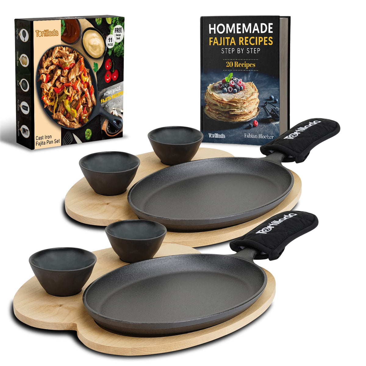 Tortillada - 25cm Fajita Cast Iron Griddle Pan/Fajitas Grill Pan - Includes Wooden Serving Tray + 2 Ceramic Dip Bowls (Set of 2)