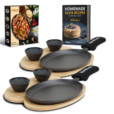 Tortillada - 25cm Fajita Cast Iron Griddle Pan/Fajitas Grill Pan - Includes Wooden Serving Tray + 2 Ceramic Dip Bowls (Set of 2)